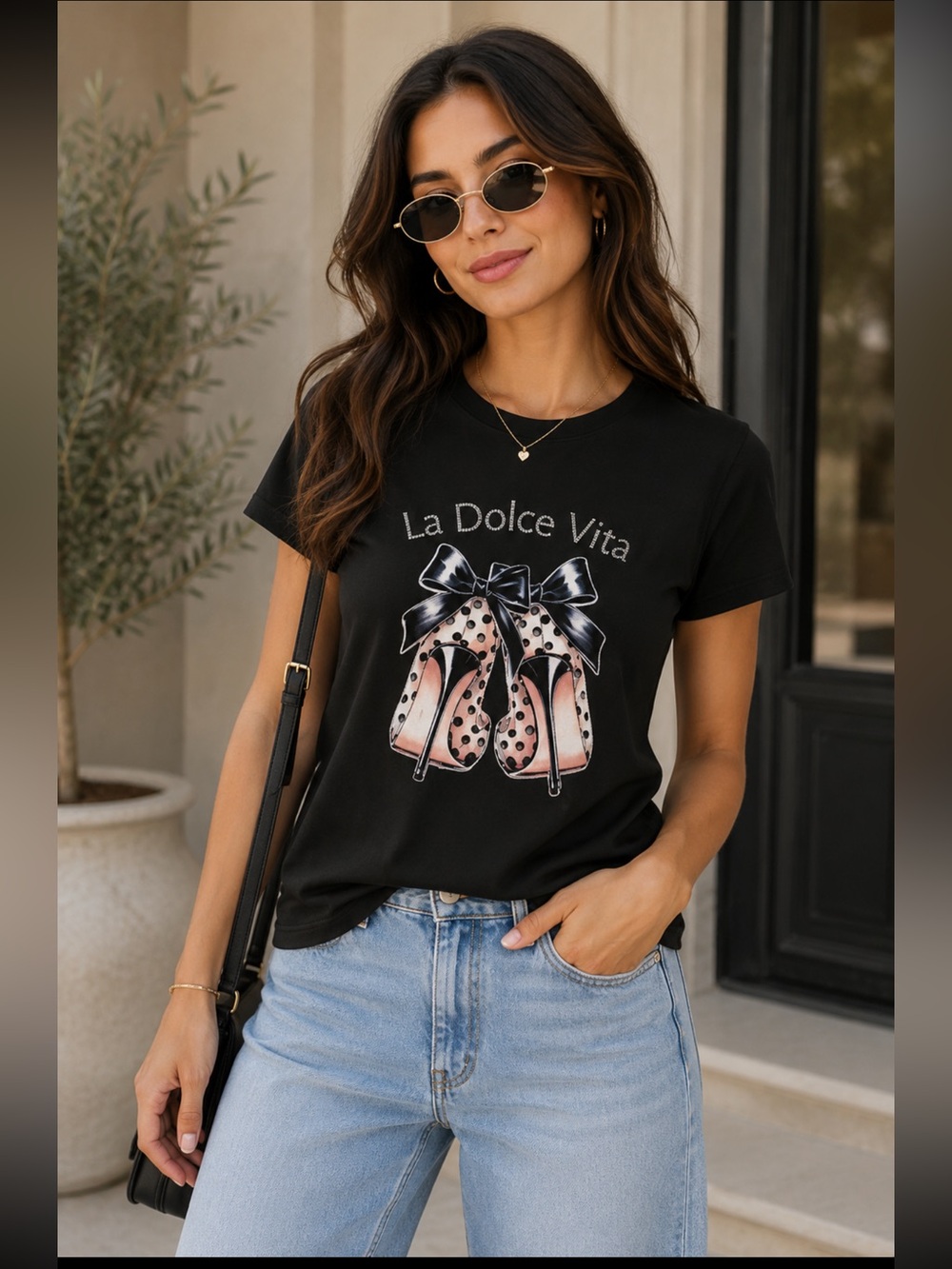 ShopEvelynne Black 'La Dolce Vita' Polka Dot Heels Graphic Tee